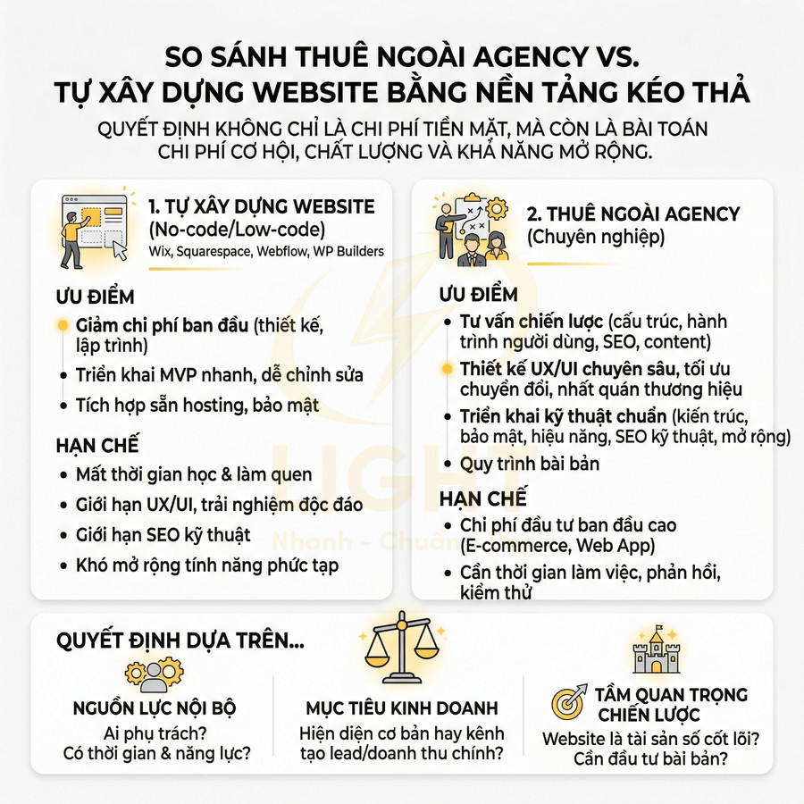 Infographic so sánh thuê agency và tự xây dựng website bằng nền tảng kéo thả, nêu ưu nhược điểm và tiêu chí lựa chọn
