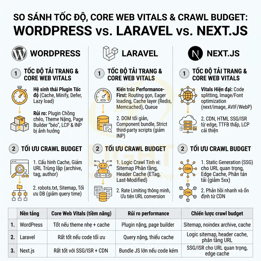 So sánh tốc độ, Core Web Vitals và crawl budget giữa WordPress, Laravel và Next.js bằng infographic tiếng Việt