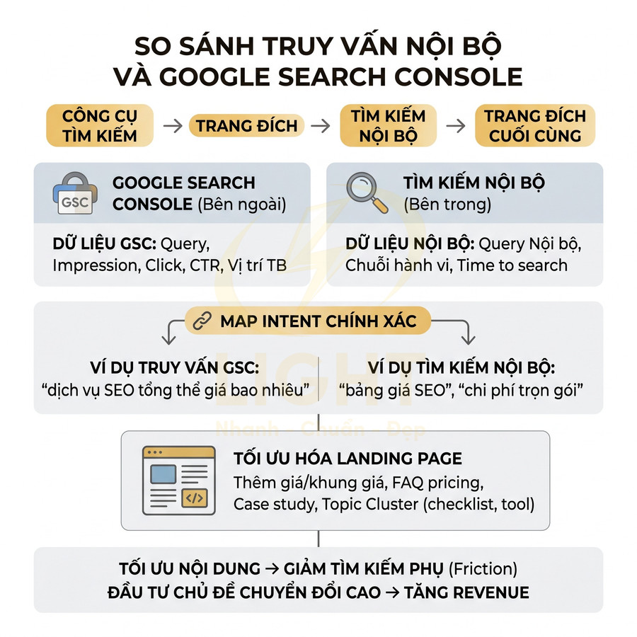 Infographic so sánh truy vấn nội bộ và Google Search Console để tối ưu nội dung và landing page SEO