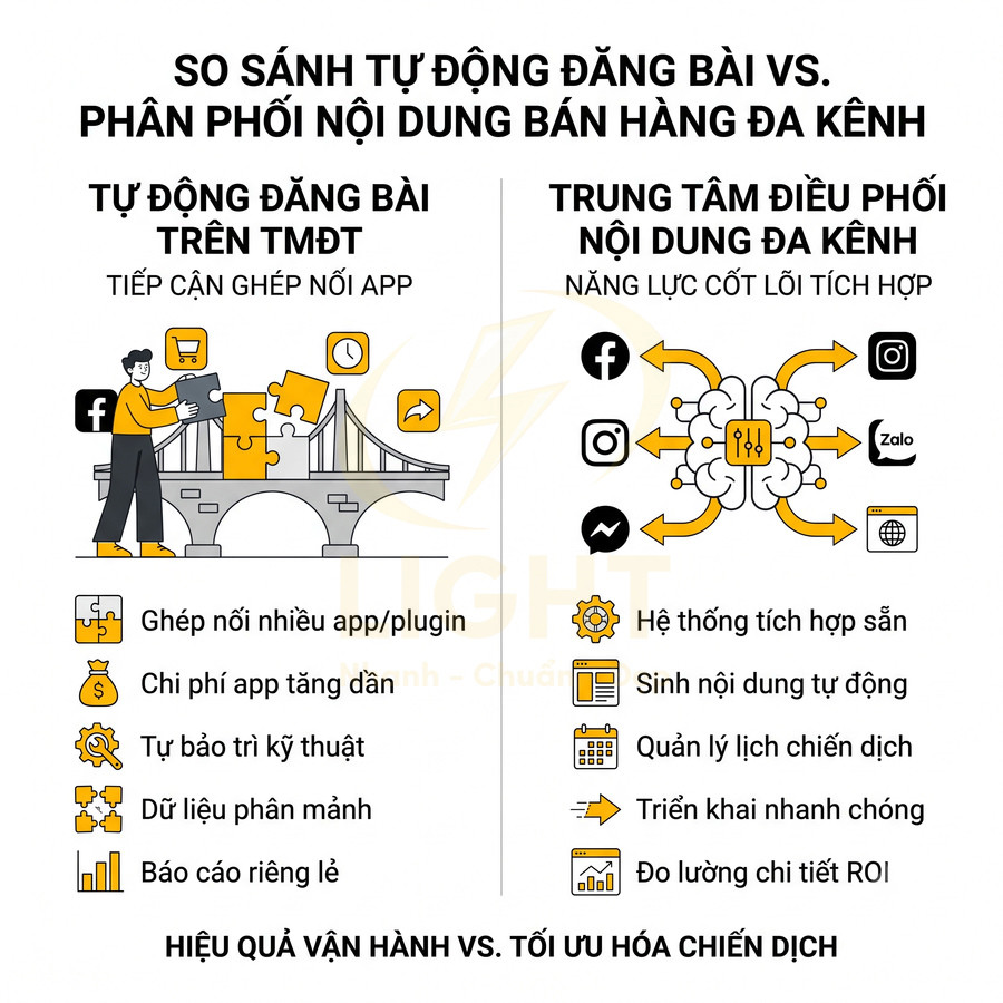Infographic so sánh tự động đăng bài TMĐT với trung tâm điều phối nội dung bán hàng đa kênh