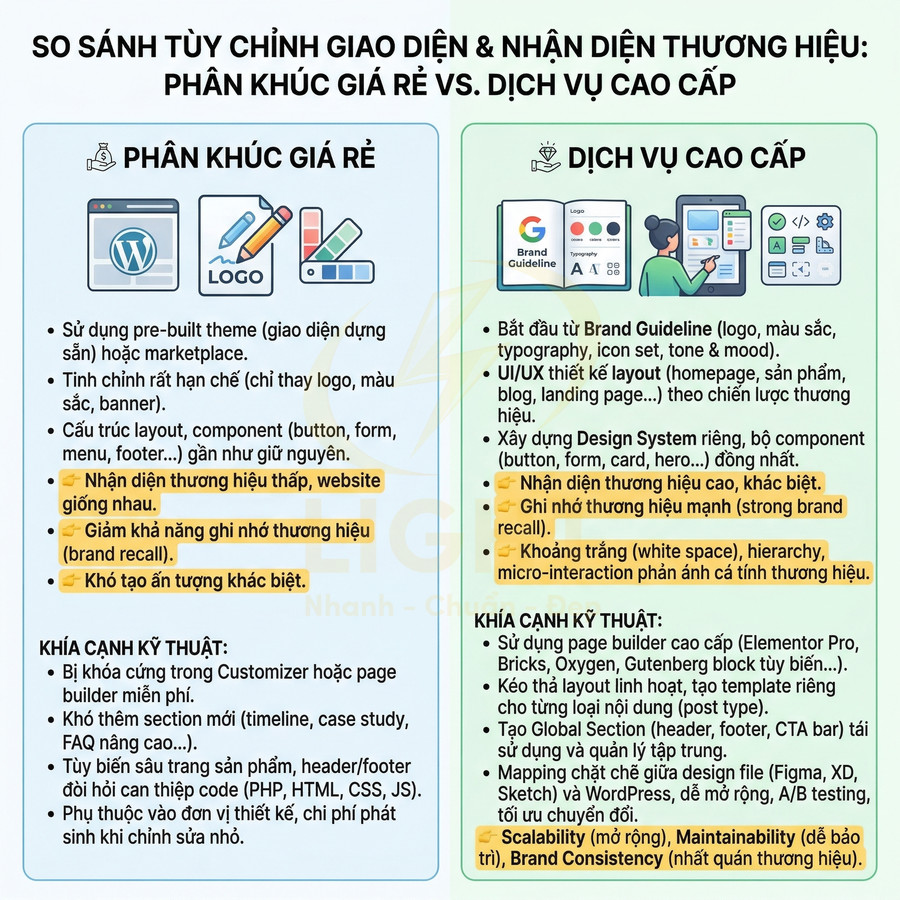 So sánh giao diện website phân khúc giá rẻ dùng theme sẵn có với dịch vụ thiết kế cao cấp theo brand guideline