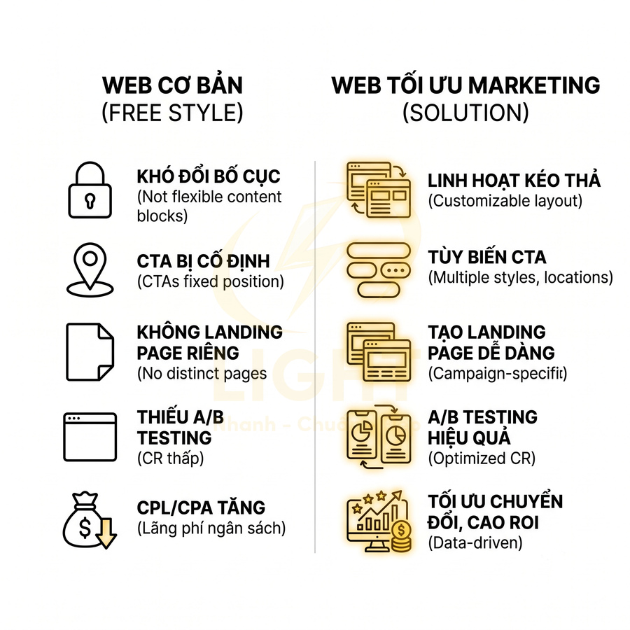 So sánh web cơ bản và web tối ưu marketing với các tính năng linh hoạt, tùy biến CTA, landing page, A/B testing