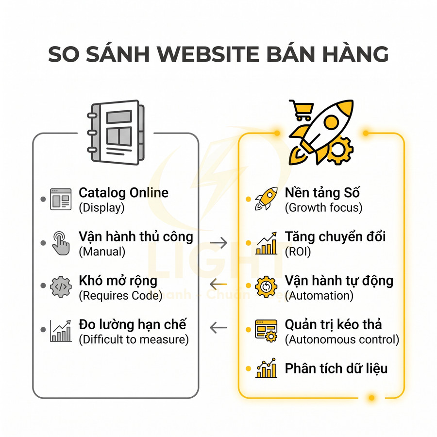So sánh website bán hàng truyền thống và nền tảng số với các tính năng tự động hóa và phân tích dữ liệu