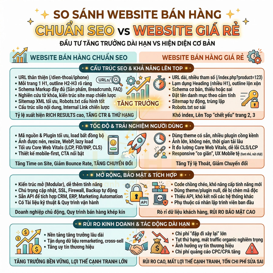 Infographic so sánh website bán hàng chuẩn SEO và website giá rẻ về cấu trúc, tốc độ, bảo mật và rủi ro kinh doanh