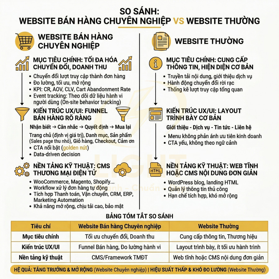 Infographic so sánh website bán hàng chuyên nghiệp và website thường về mục tiêu, UX UI và nền tảng kỹ thuật