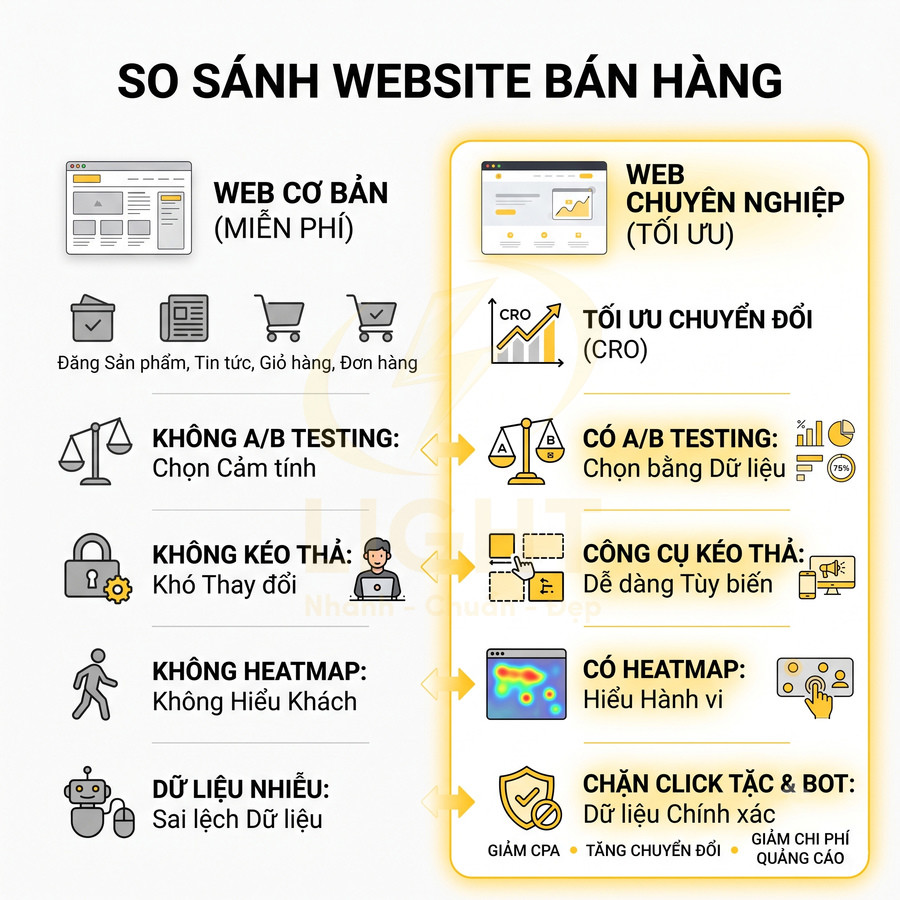 So sánh web bán hàng cơ bản miễn phí và web chuyên nghiệp tối ưu chuyển đổi với A/B testing, heatmap, chặn click tặc