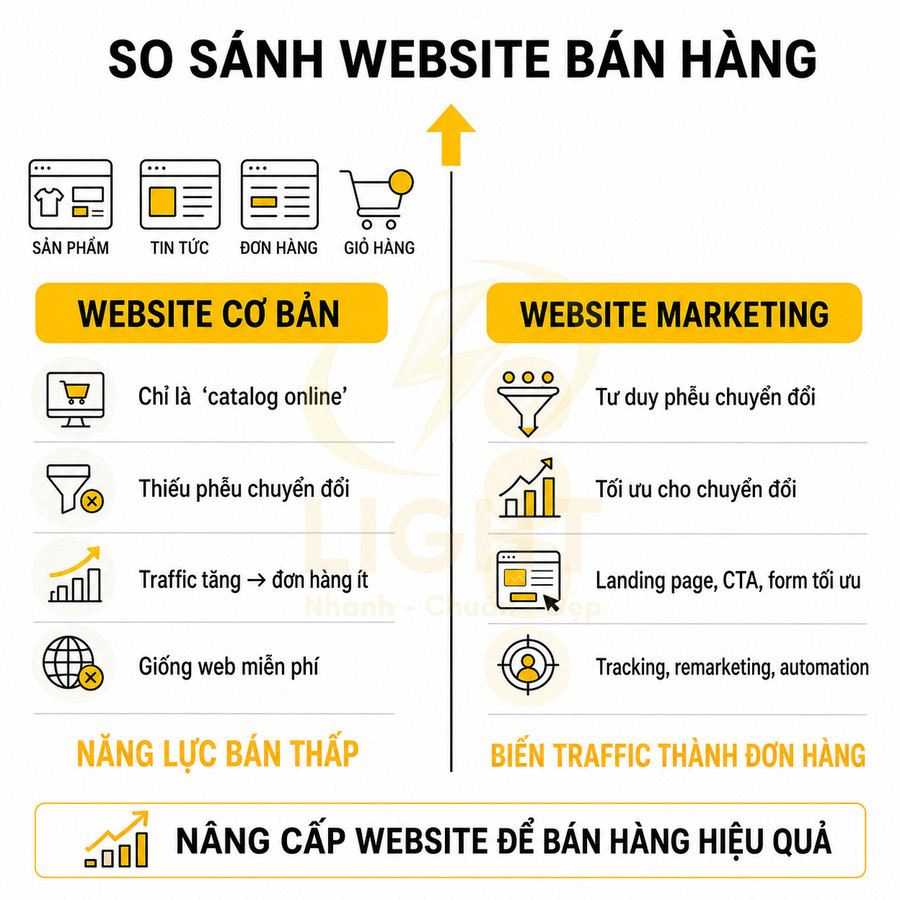 So sánh website bán hàng cơ bản và website marketing, nhấn mạnh nâng cấp website để tăng chuyển đổi đơn hàng