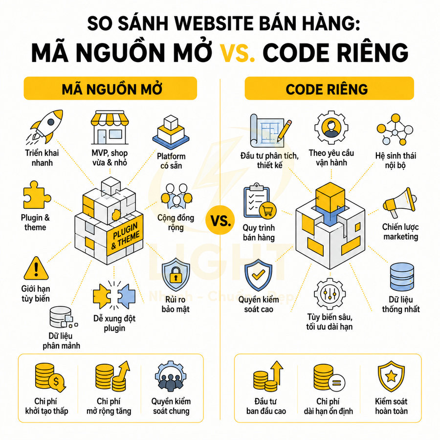So sánh website bán hàng mã nguồn mở và code riêng với ưu nhược điểm, chi phí và khả năng kiểm soát