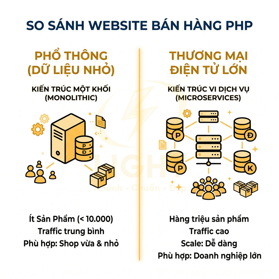 So sánh website bán hàng PHP kiến trúc monolithic cho shop nhỏ và microservices cho doanh nghiệp lớn