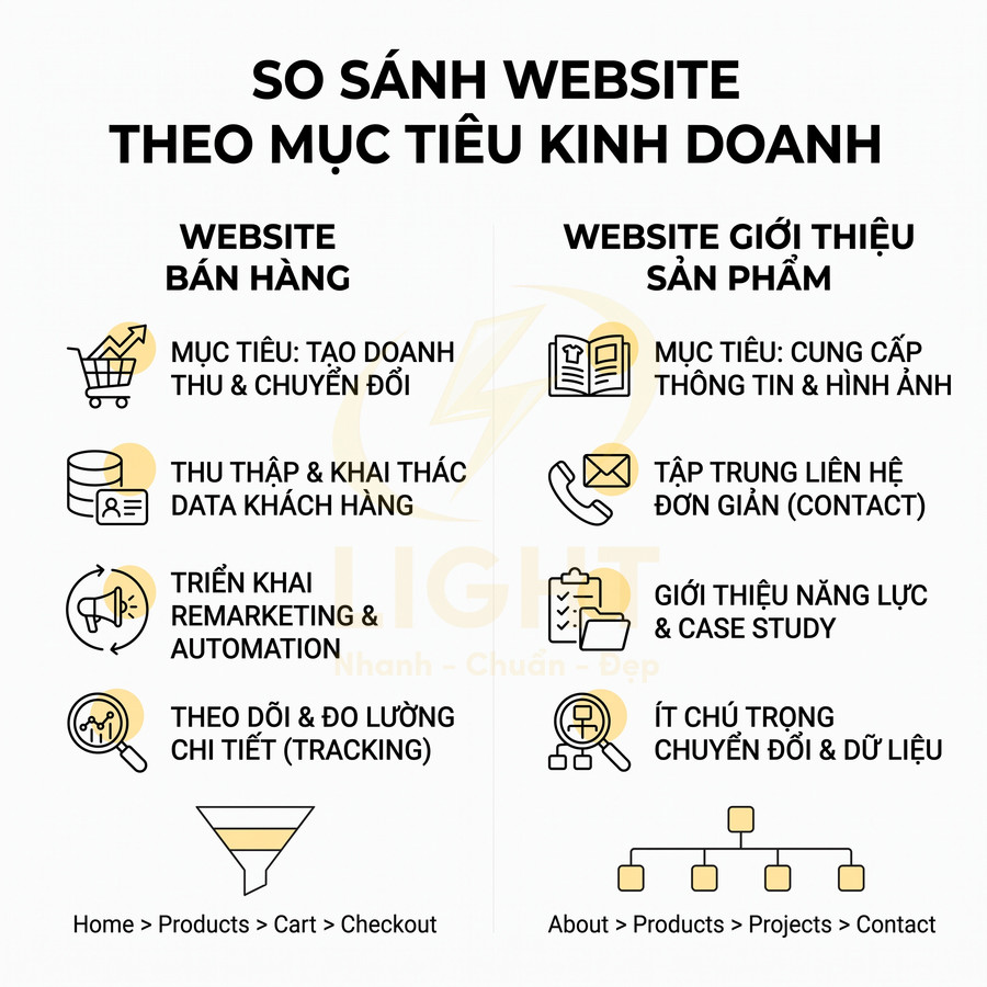So sánh website bán hàng và website giới thiệu sản phẩm theo mục tiêu kinh doanh, chức năng và cấu trúc trang