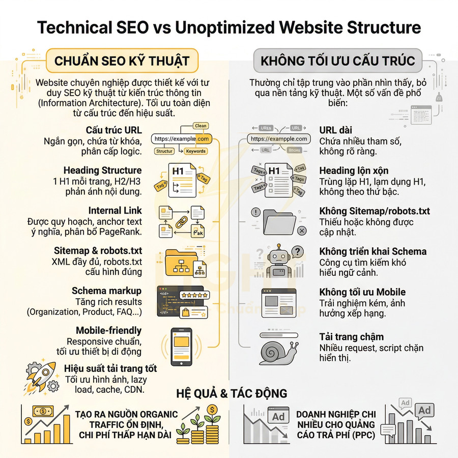 So sánh website chuẩn SEO kỹ thuật và website thiếu chuẩn về cấu trúc, tốc độ, mobile và chi phí marketing