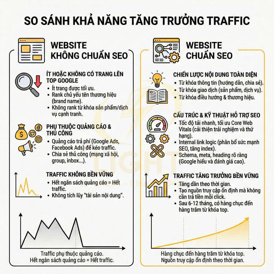 Infographic so sánh website chuẩn SEO và không chuẩn SEO về khả năng tăng trưởng traffic và độ bền vững truy cập