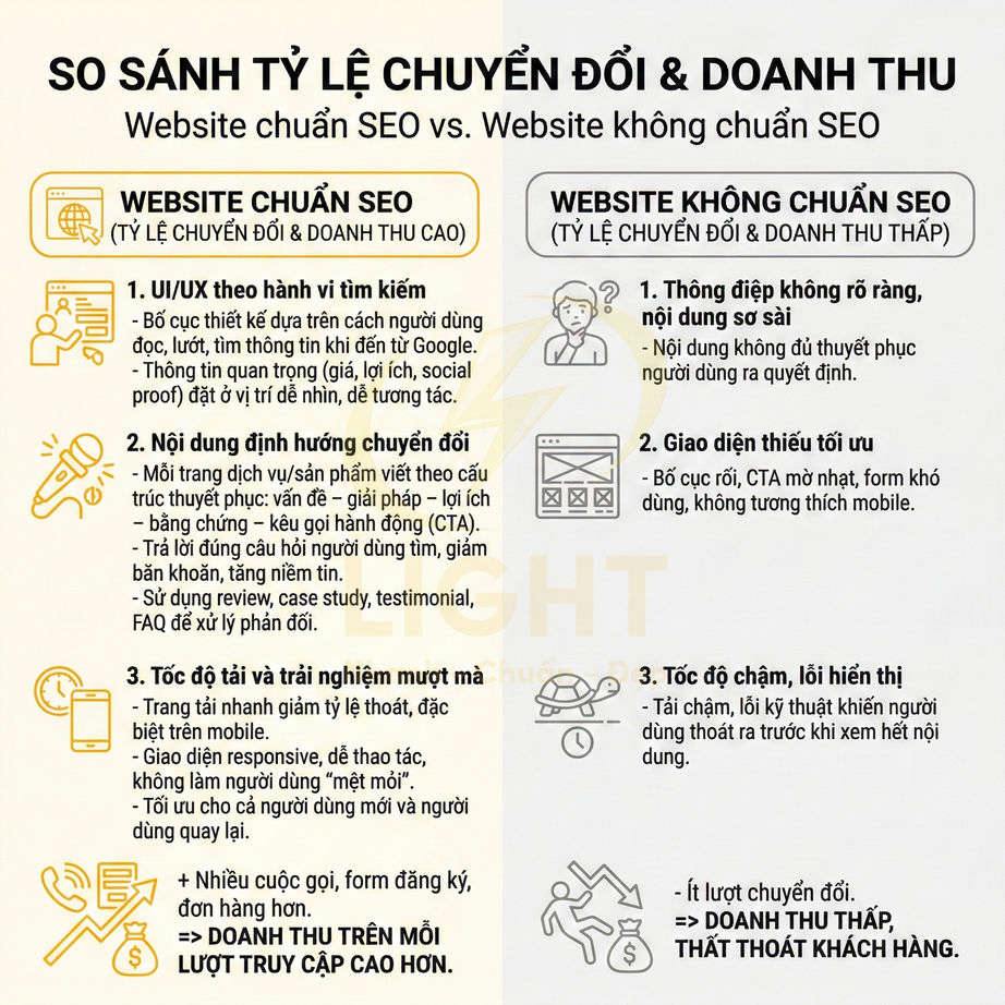 Infographic so sánh website chuẩn SEO và không chuẩn SEO về UIUX, nội dung, tốc độ tải và tỷ lệ chuyển đổi doanh thu