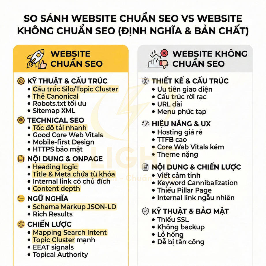 Bảng so sánh chi tiết website chuẩn SEO và website không chuẩn SEO về kỹ thuật, nội dung và chiến lược