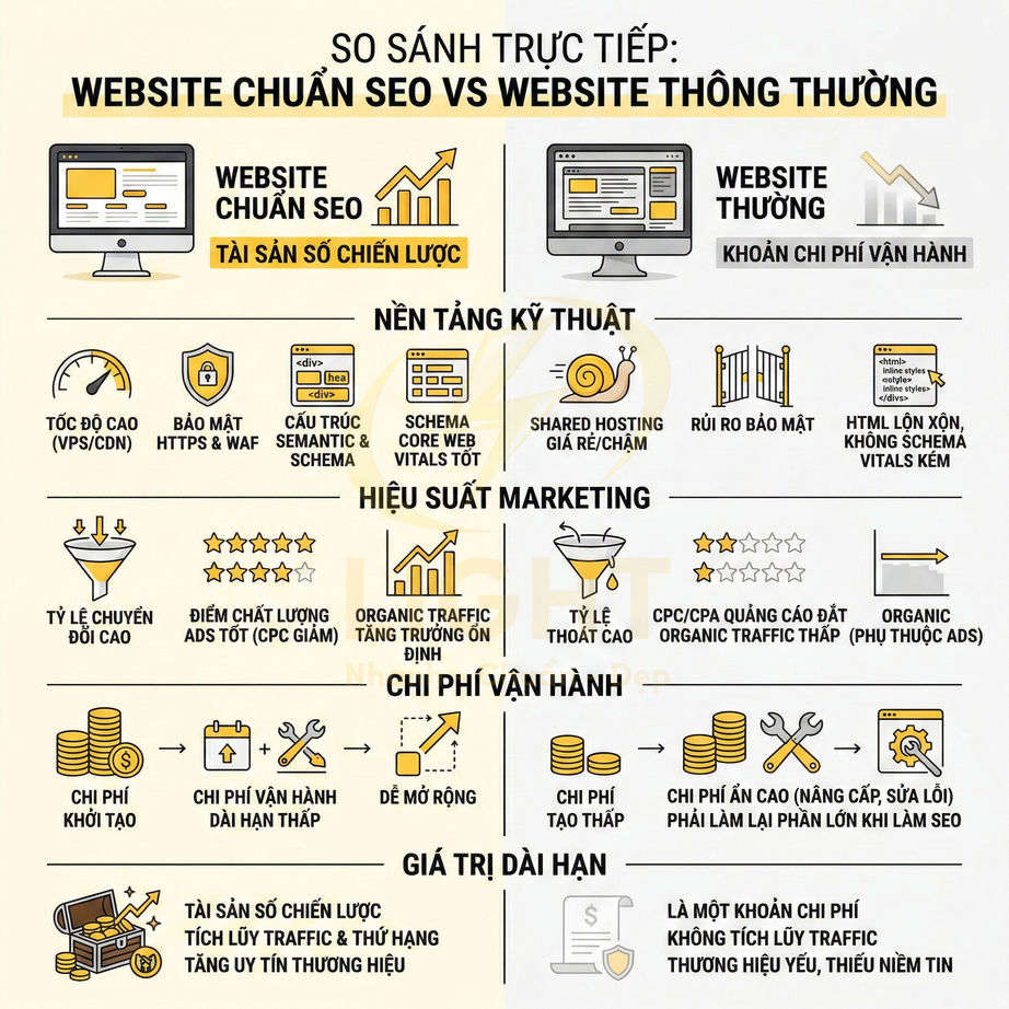 So sánh trực tiếp website chuẩn SEO và website thông thường về nền tảng kỹ thuật, marketing, chi phí và giá trị dài hạn