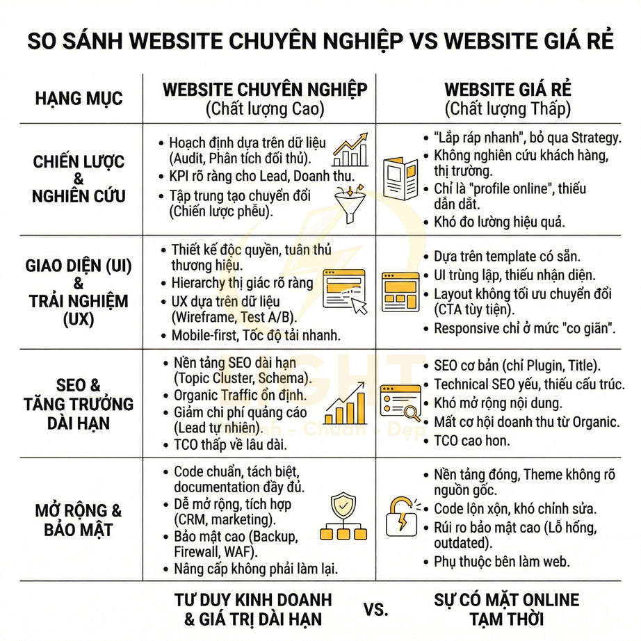Bảng so sánh chi tiết website chuyên nghiệp chất lượng cao và website giá rẻ chất lượng thấp