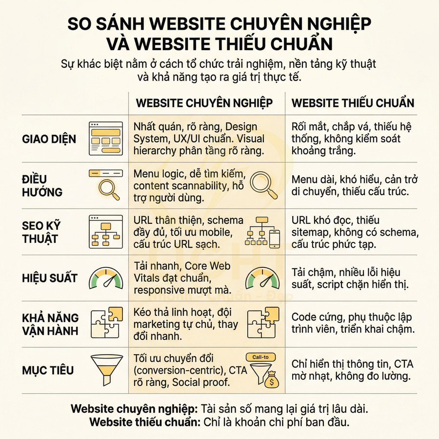 So sánh website chuyên nghiệp và website thiếu chuẩn về UX UI, quản trị nội dung, SEO kỹ thuật, chuyển đổi và giá trị