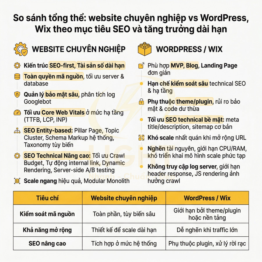 Bảng so sánh website chuyên nghiệp và WordPress Wix về khả năng SEO, bảo mật, mở rộng và kiểm soát mã nguồn