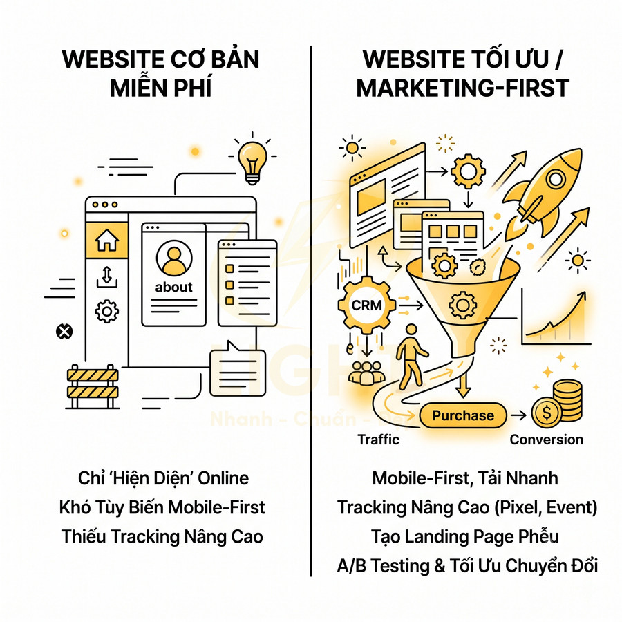 So sánh website cơ bản miễn phí và website tối ưu marketing first với phễu chuyển đổi, CRM, tracking nâng cao