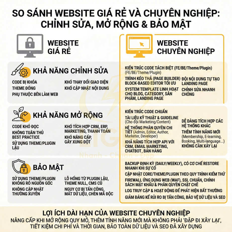 So sánh website giá rẻ và website chuyên nghiệp về khả năng chỉnh sửa, mở rộng và bảo mật bằng infographic tiếng Việt