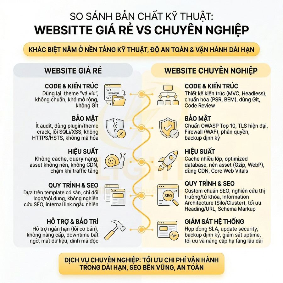 Infographic so sánh website giá rẻ và website chuyên nghiệp về code, bảo mật, hiệu suất, SEO và vận hành lâu dài