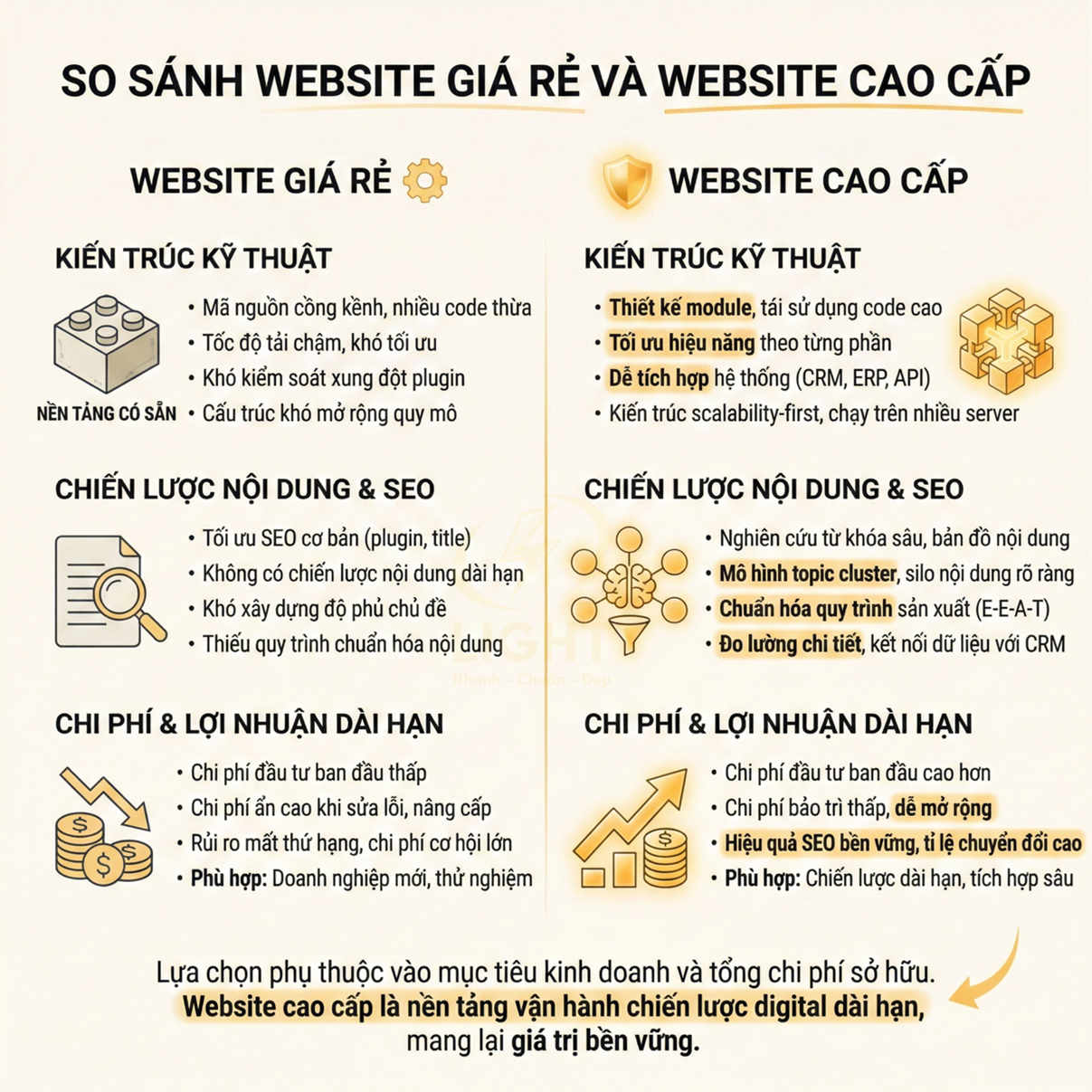 So sánh website giá rẻ và website cao cấp về kiến trúc kỹ thuật, chiến lược nội dung SEO, chi phí và lợi nhuận