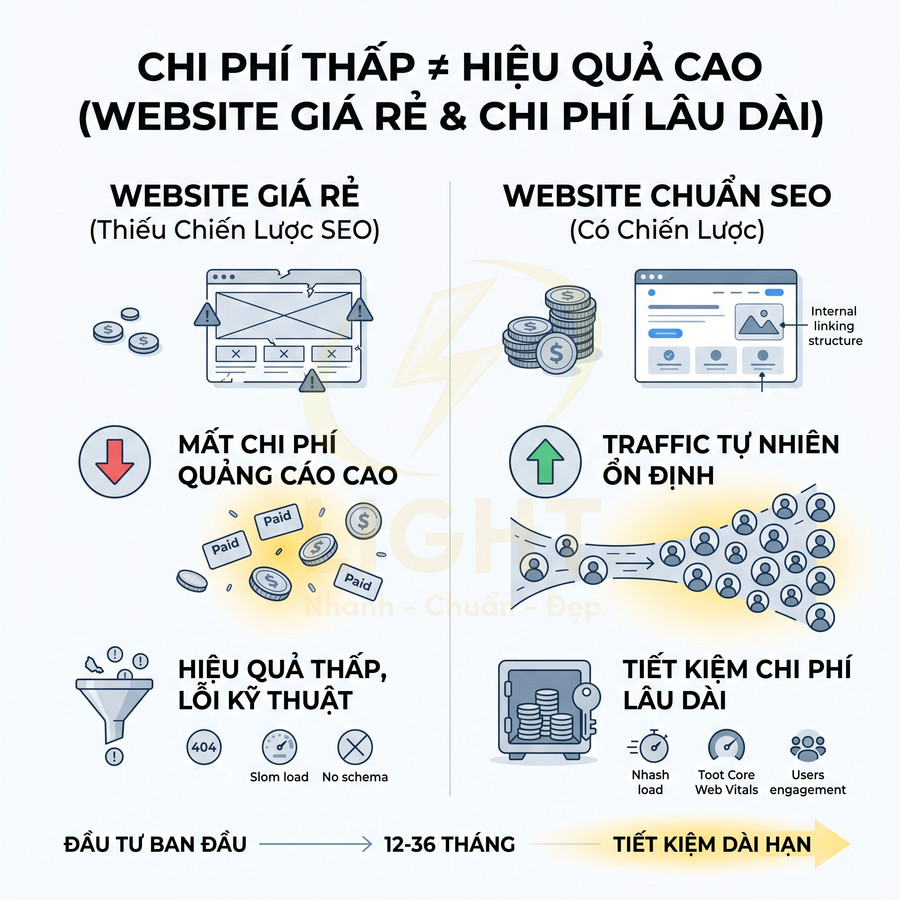 So sánh website giá rẻ thiếu chiến lược SEO và website chuẩn SEO về chi phí, traffic và hiệu quả lâu dài
