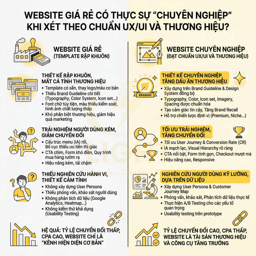 So sánh website giá rẻ và website chuyên nghiệp theo chuẩn UX UI và thương hiệu, nêu ưu nhược điểm và hiệu quả chuyển đổi
