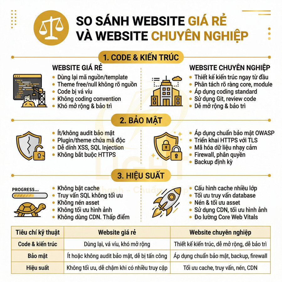 So sánh website giá rẻ và website chuyên nghiệp về code kiến trúc bảo mật hiệu suất bằng infographic tiếng Việt