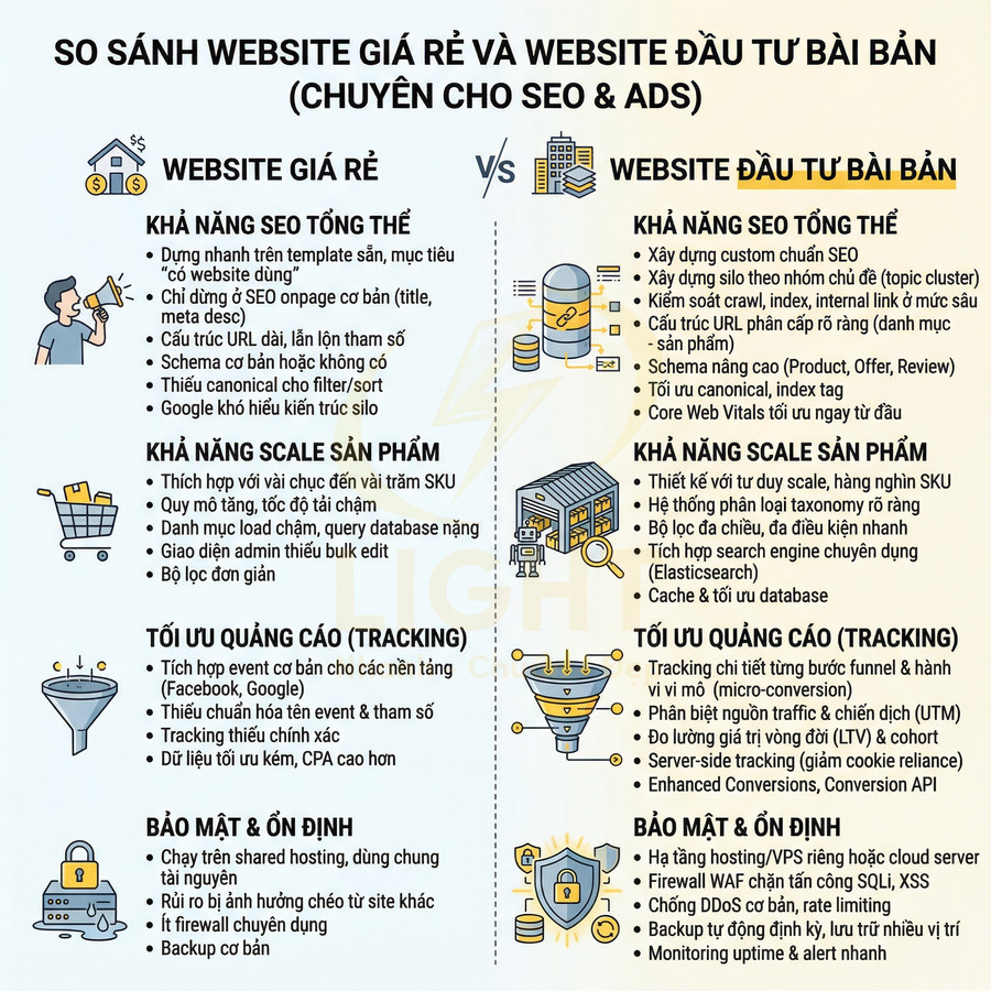 So sánh website giá rẻ và website đầu tư bài bản về SEO, quảng cáo, bảo mật và khả năng scale sản phẩm