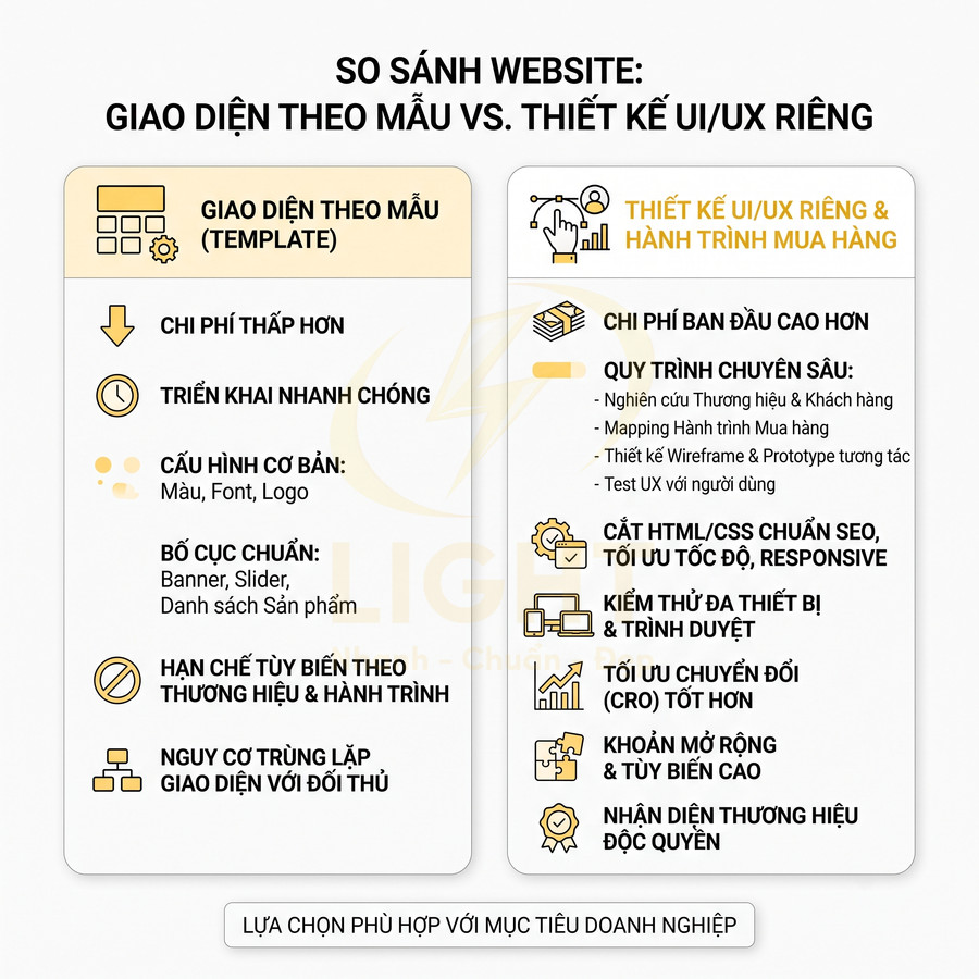 So sánh giao diện website theo mẫu và thiết kế UI UX riêng về chi phí, triển khai và tối ưu chuyển đổi
