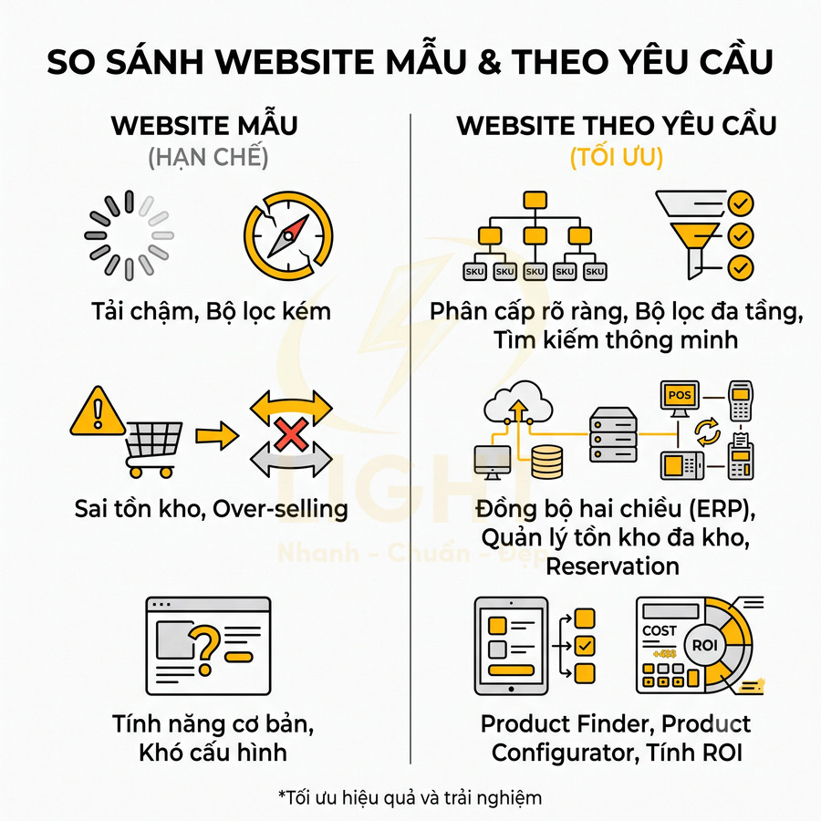 So sánh website mẫu hạn chế và website thiết kế theo yêu cầu tối ưu tính năng và quản lý bán hàng