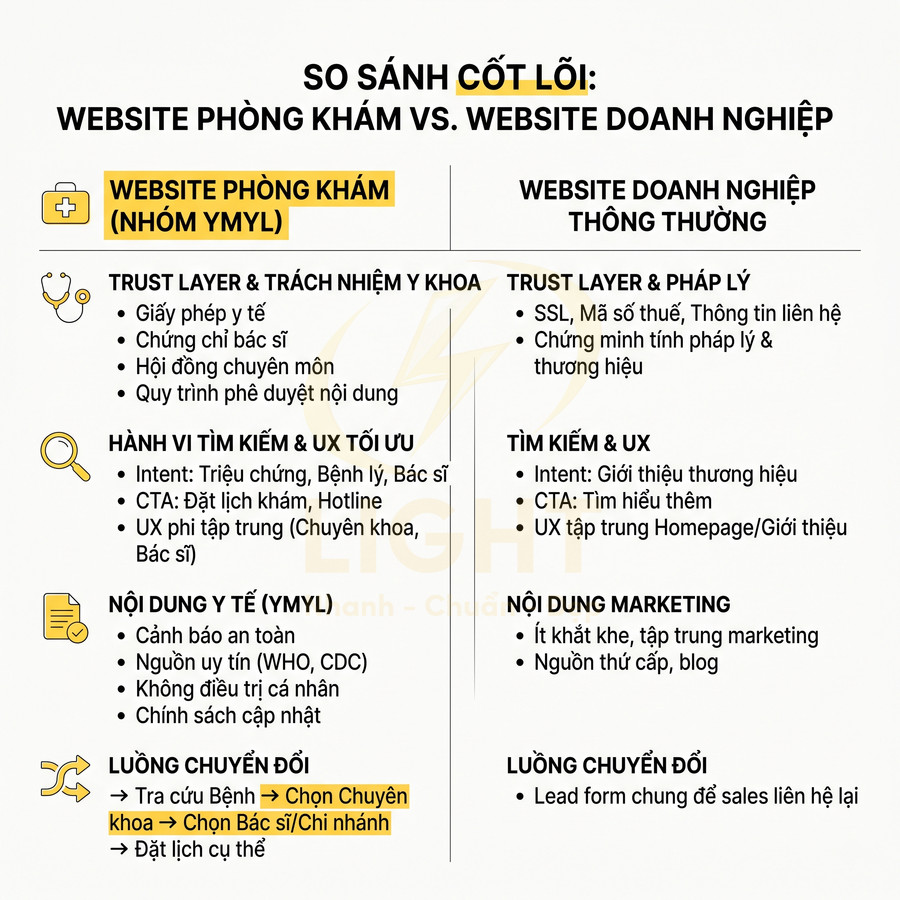 So sánh cốt lõi website phòng khám nhóm YMYL và website doanh nghiệp thông thường về UX, nội dung, chuyển đổi