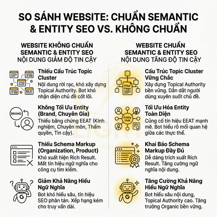 So sánh website chuẩn Semantic và Entity SEO với website không chuẩn, nêu lợi ích về cấu trúc, schema và hiểu ngữ nghĩa