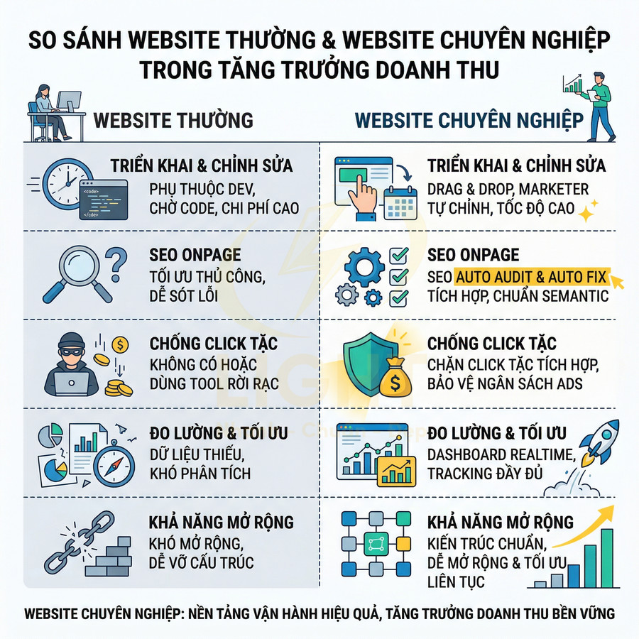 So sánh website thường và website chuyên nghiệp về SEO, chống click tặc, đo lường và khả năng mở rộng