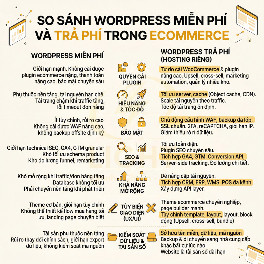 So sánh ưu nhược điểm WordPress miễn phí và WordPress trả phí trong xây dựng website ecommerce