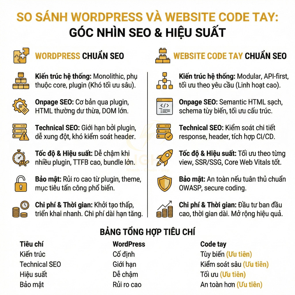 Infographic so sánh WordPress và website code tay về kiến trúc, SEO kỹ thuật, tốc độ, bảo mật và chi phí triển khai