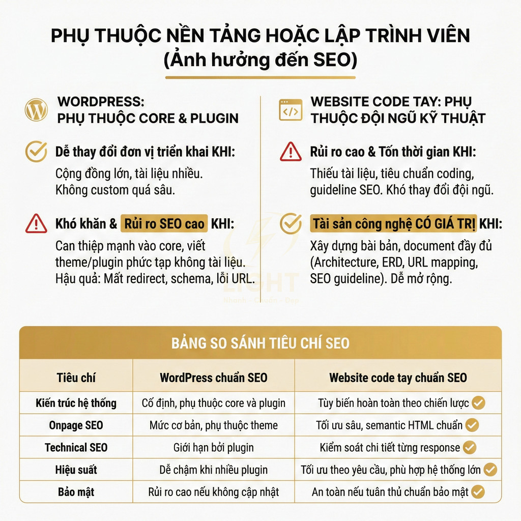 So sánh WordPress và website code tay về ảnh hưởng nền tảng, lập trình viên đến SEO và các tiêu chí tối ưu