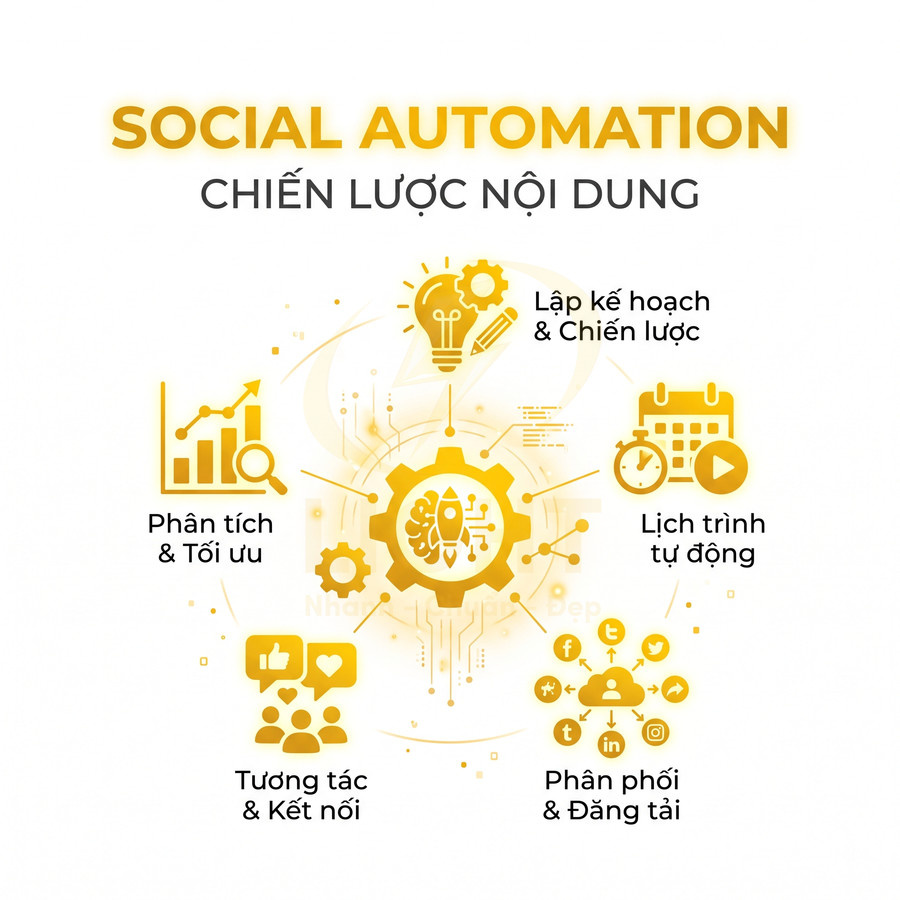 Mô hình Social Automation cho chiến lược nội dung với các bước lập kế hoạch, lịch trình, phân tích và tương tác