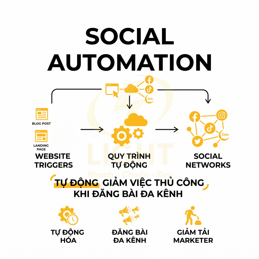 Mô hình quy trình social automation tự động đăng bài đa kênh từ website lên các mạng xã hội