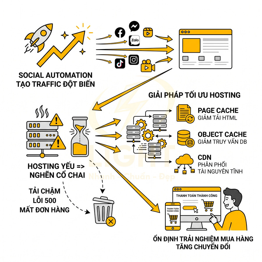 Mô tả giải pháp tối ưu hosting với cache và CDN giúp website chịu tải traffic lớn, tránh lỗi 500 và tăng chuyển đổi mua hàng
