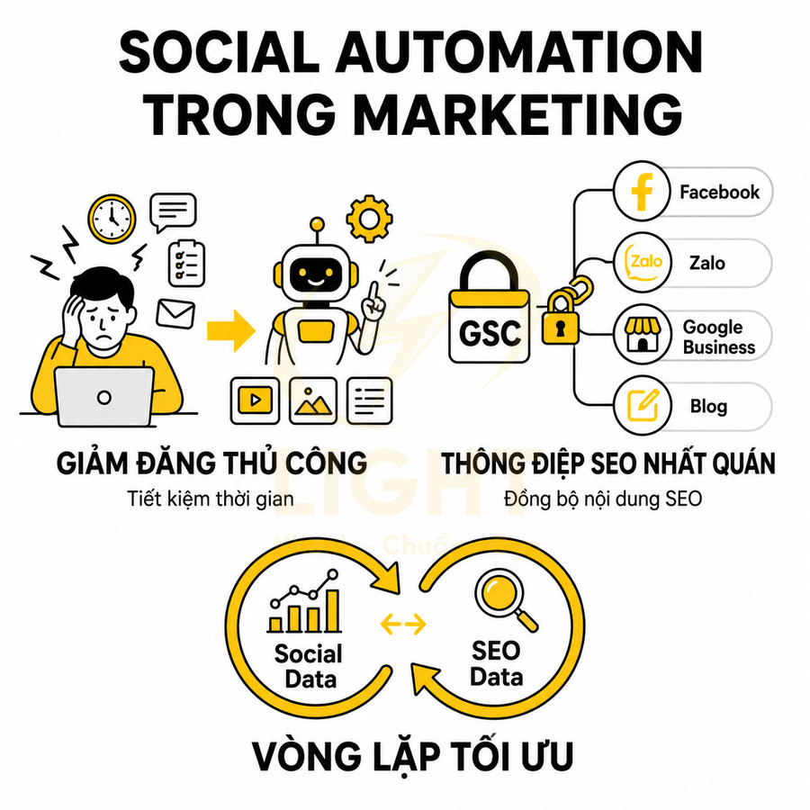Mô hình social automation trong marketing giúp giảm đăng thủ công, đồng bộ SEO và tối ưu dữ liệu social với SEO