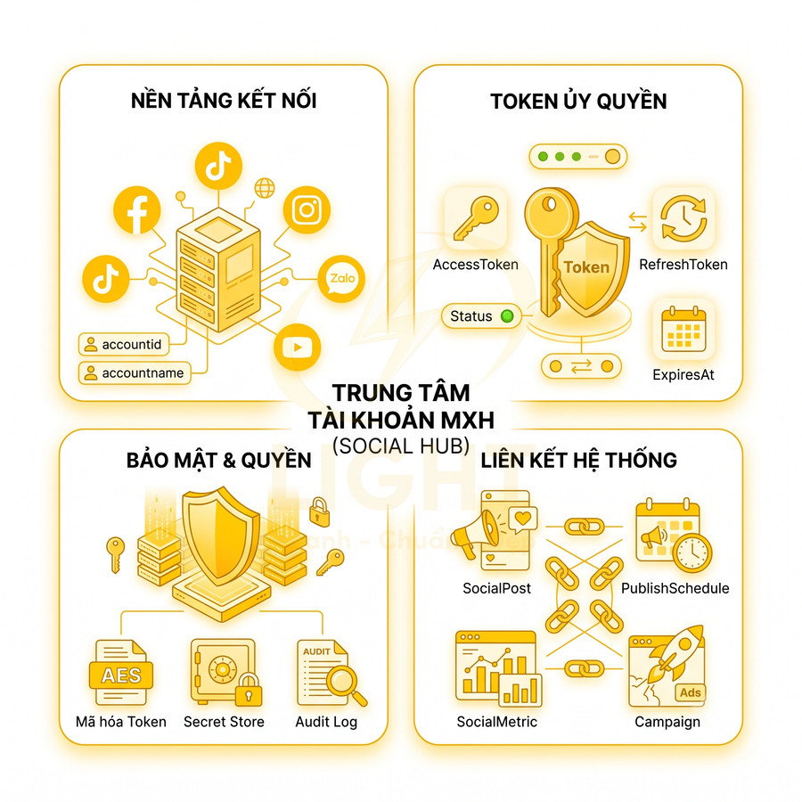 Mô hình Social Hub quản lý tài khoản mạng xã hội, token ủy quyền, bảo mật và liên kết hệ thống đăng bài quảng cáo