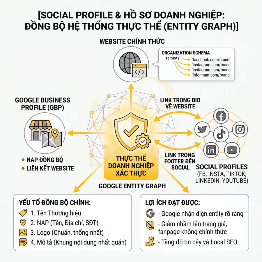 Sơ đồ đồng bộ social profile và hồ sơ doanh nghiệp để xác thực thực thể và tối ưu Google Entity Graph