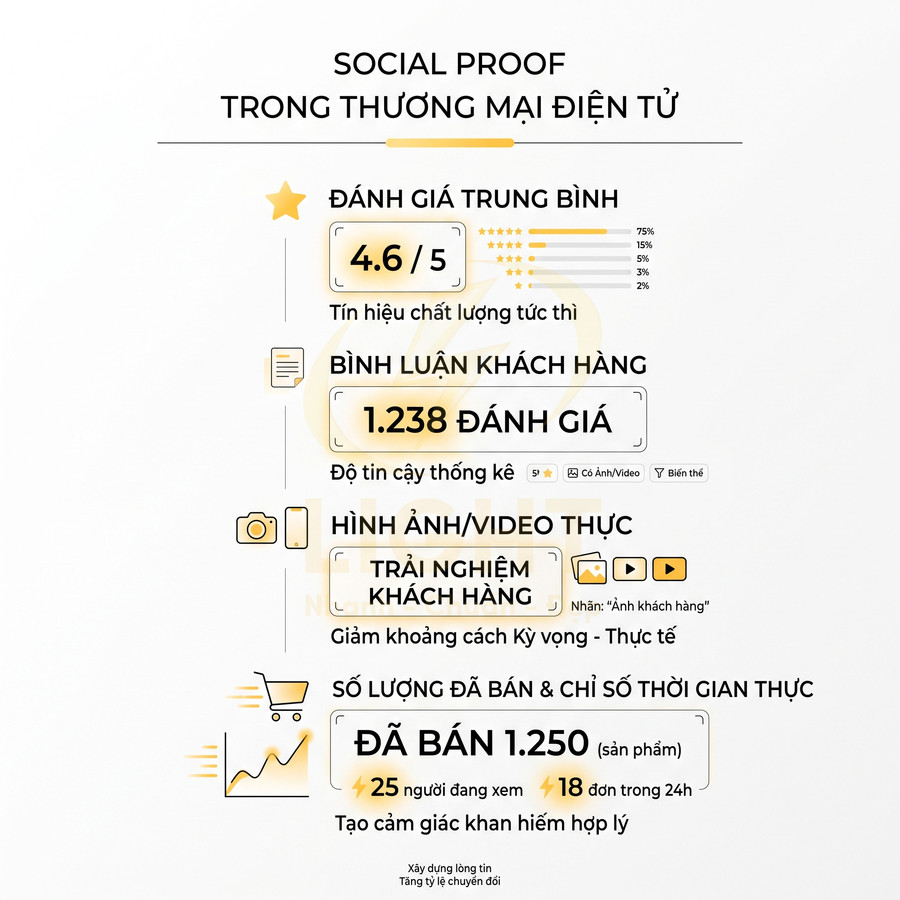 Infographic social proof trong thương mại điện tử với đánh giá trung bình 4.6 trên 5 và 1.238 bình luận khách hàng