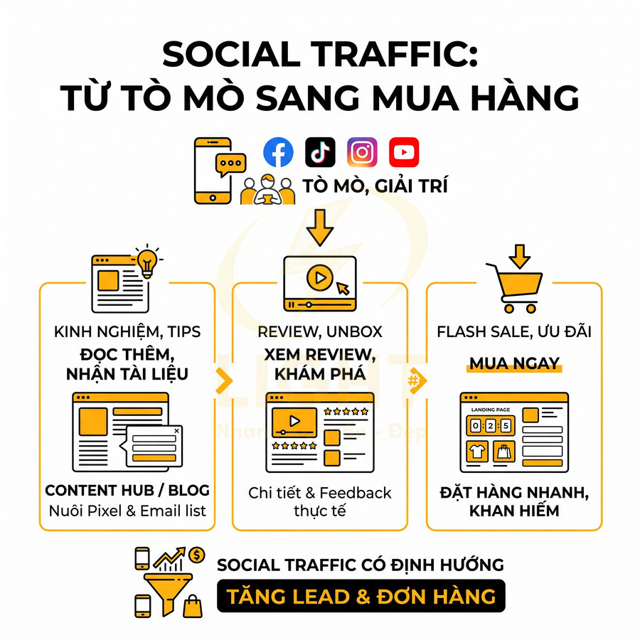 Mô hình social traffic từ mạng xã hội đến mua hàng với các bước đọc blog, xem review, flash sale và đặt hàng online