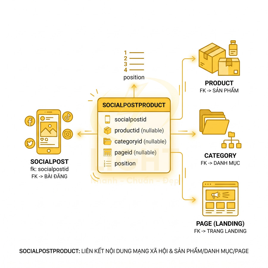Sơ đồ SocialPostProduct liên kết bài đăng mạng xã hội với sản phẩm, danh mục và trang landing trong hệ thống marketing