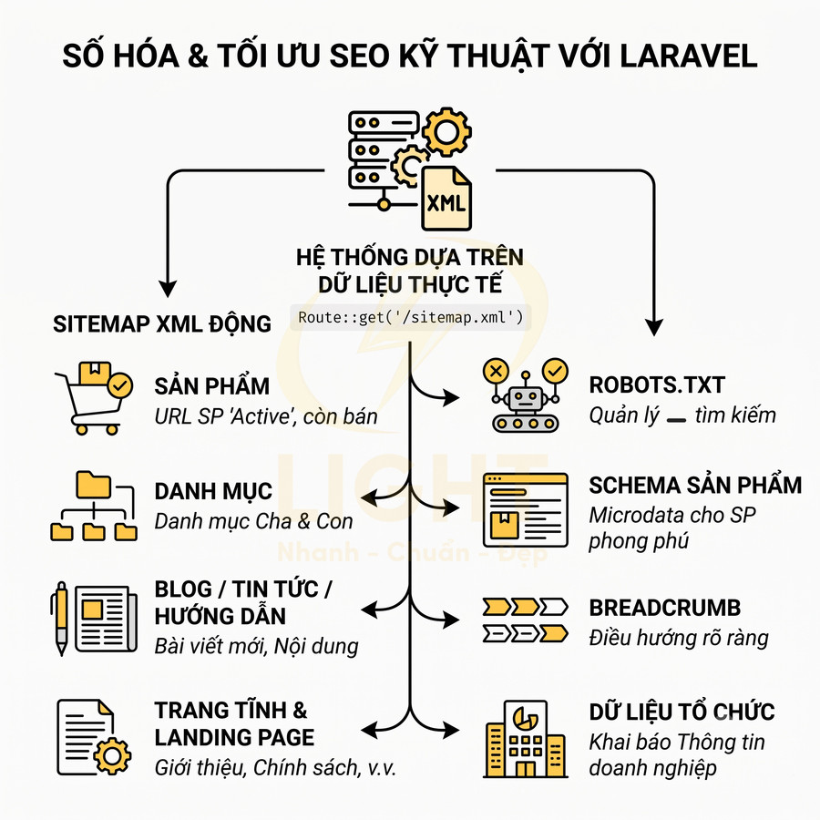 Sơ đồ số hóa và tối ưu SEO kỹ thuật với Laravel qua sitemap XML động và dữ liệu thực tế