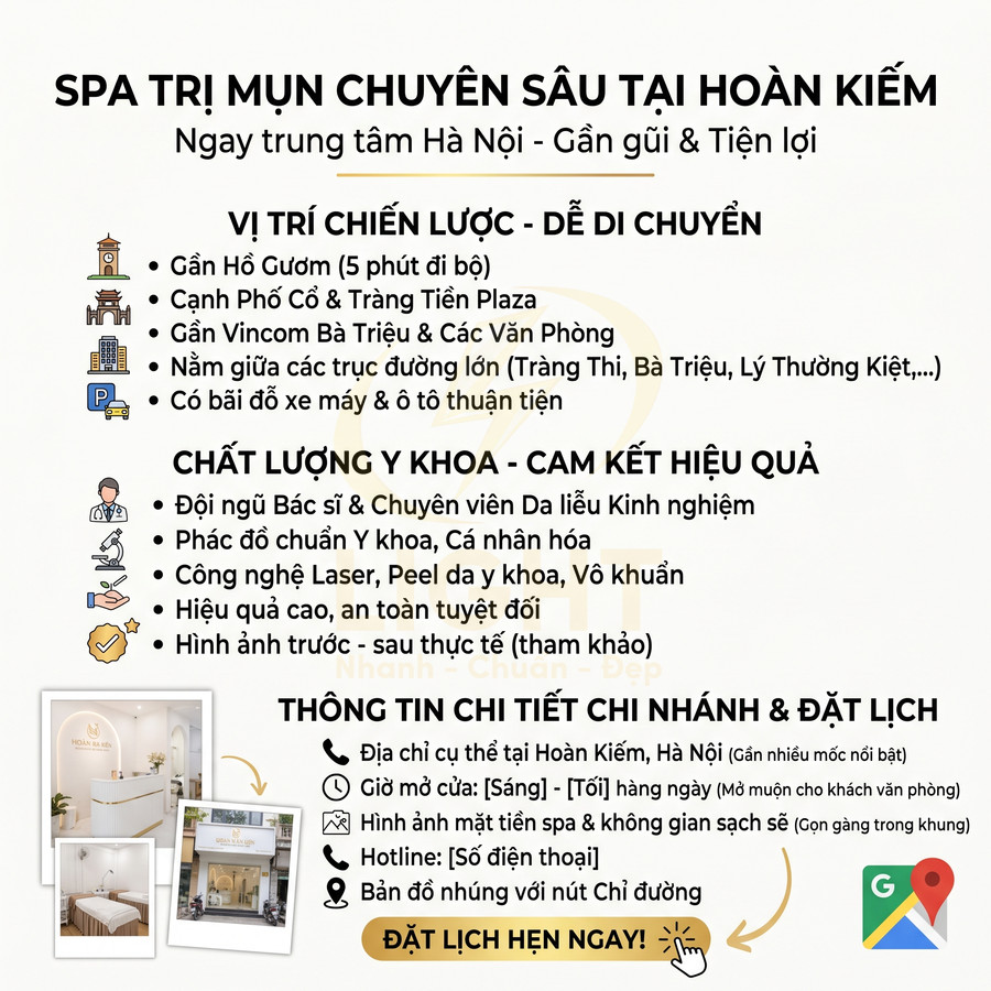 Poster giới thiệu spa trị mụn chuyên sâu tại Hoàn Kiếm Hà Nội với ưu điểm vị trí, dịch vụ và thông tin đặt lịch