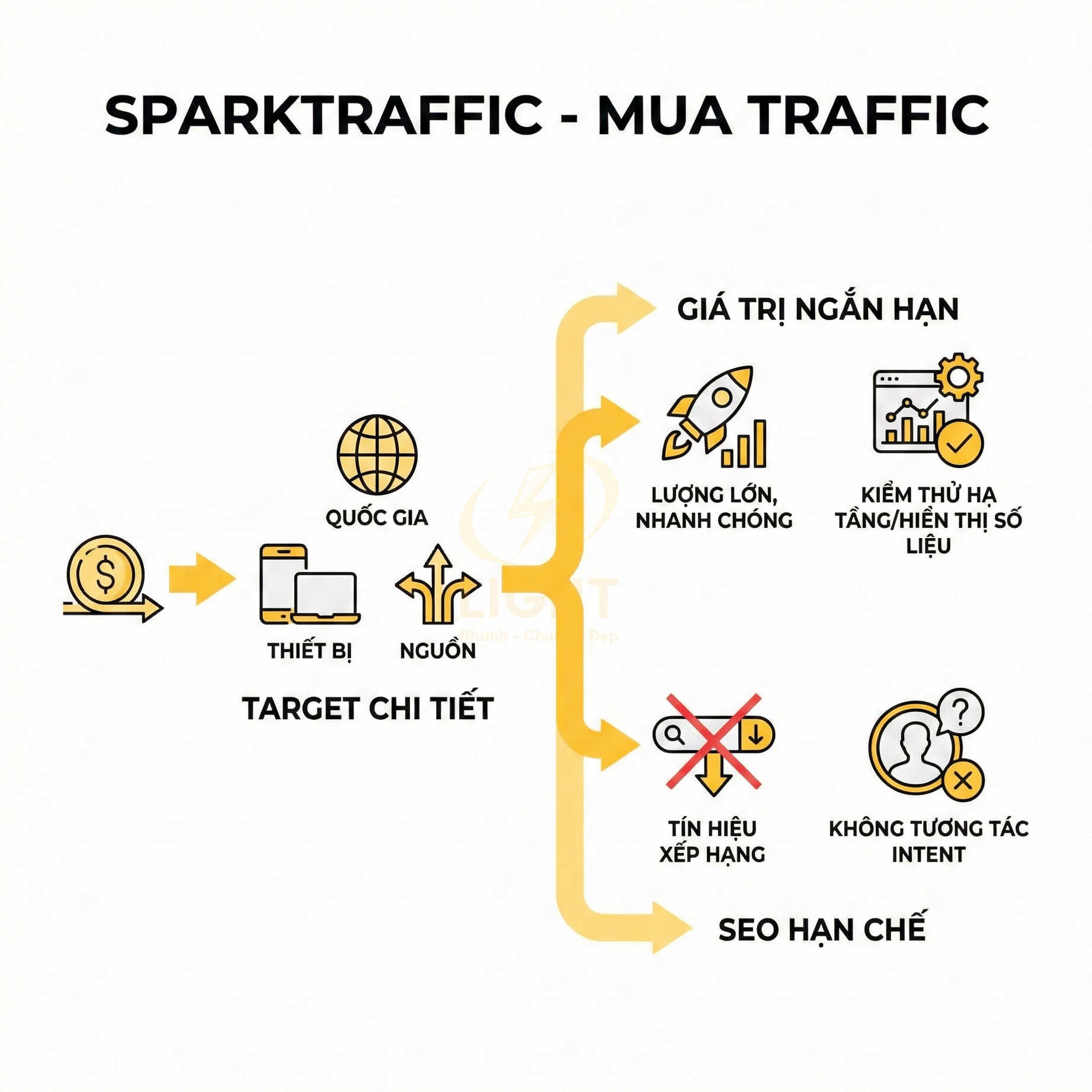 SparkTraffic mua traffic, mô tả target chi tiết, giá trị ngắn hạn và hạn chế SEO bằng icon minh họa